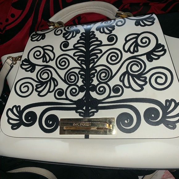 Zac Posen White Leather Tote with Black Embroidery - Picture 3 of 8